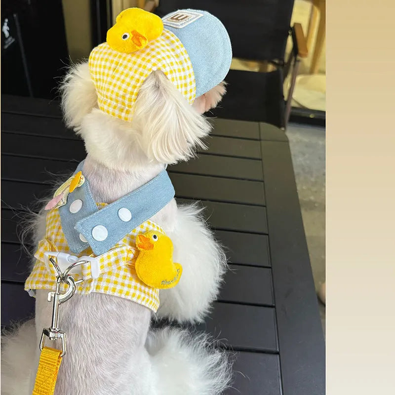 Three-piece cat harness and leash set with a wire rope pulling toy and a cute hat.