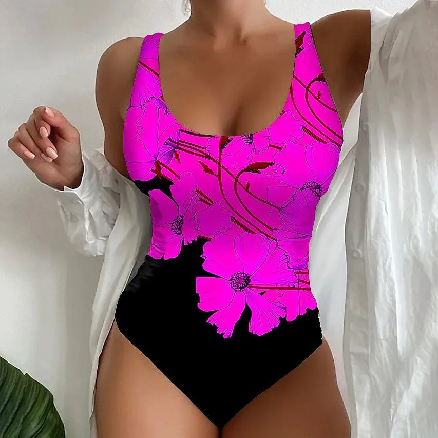 Women's tight-fitting 3D printed one-piece swimsuit in orange red, sky blue, or purple.
