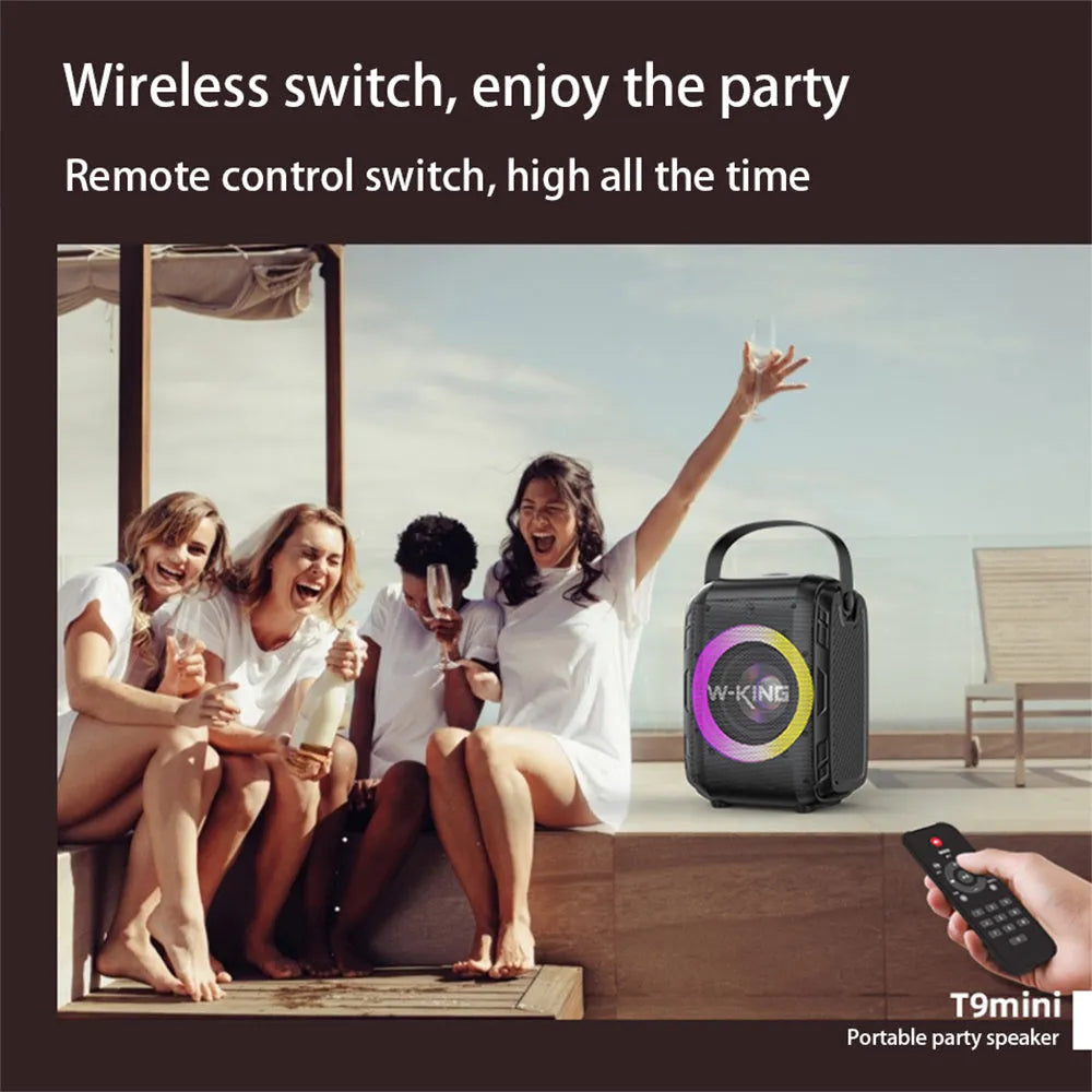 Black portable Bluetooth speaker with cool light circle, horizontal placement, wireless connection for music streaming