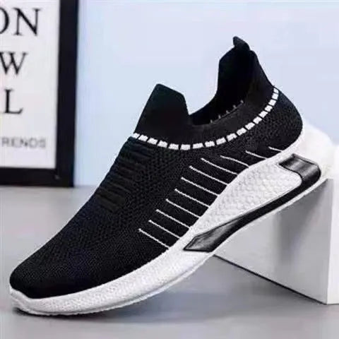 Men's striped mesh sock shoes with Flyknit upper and front lace-up closure in black, black white, or white colours