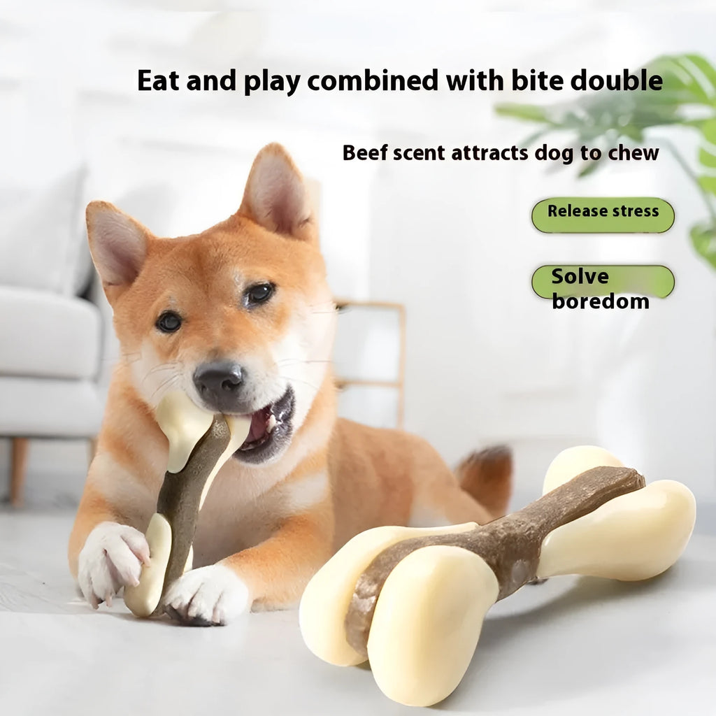Cowhide and nylon dog bone grinding rod chew toy in small and large foodie bones sizes