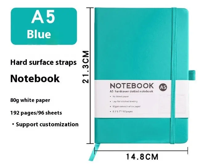 A5 office diary with hand skin feeling PU leather cover and strap closure, open to show horizontal line pages.
