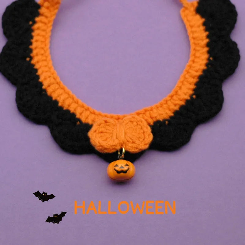 Hand crocheted wool Halloween pet collar for cats and dogs in pumpkin colours with adjustable sizing