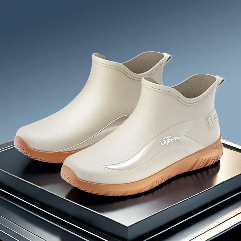 Men's non-slip flat heel PVC rubber short boots in solid colours with casual style