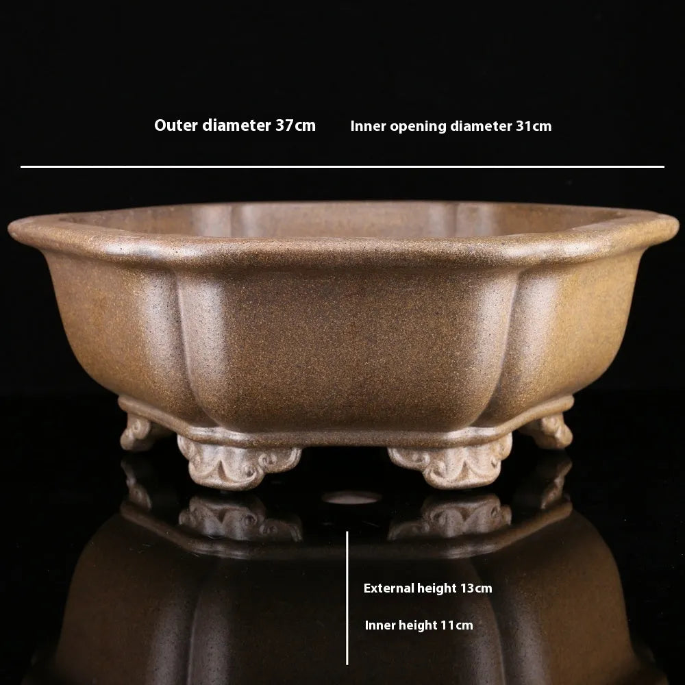 Handmade purple sand bonsai basin in large hexagonal style for breathable plant display
