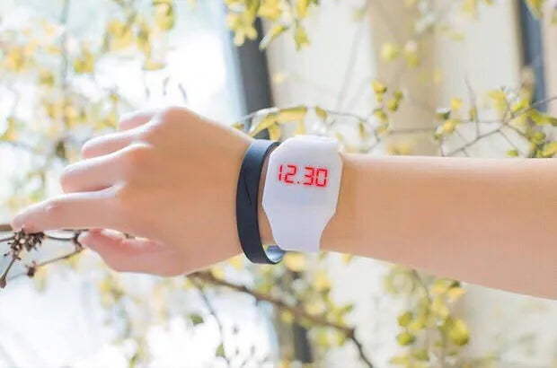 Square digital touch screen watch with plastic case, calendar display, and multiple colour strap options