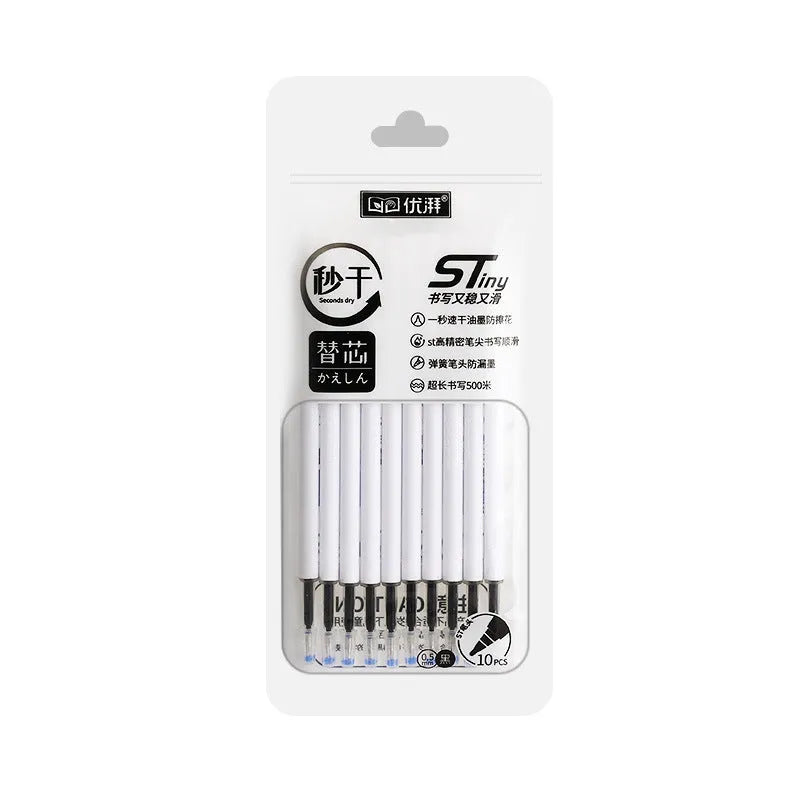 Pack of ten quick-dry gel pen refills for bullet pens in black, blue, red, and ink blue.