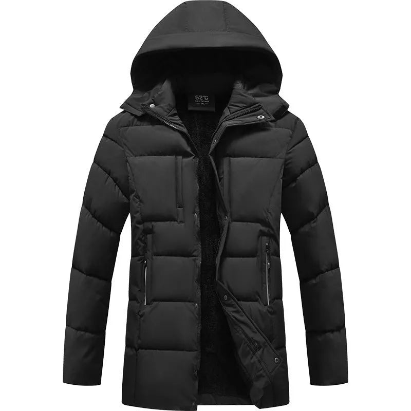 Men's thick mid-length hooded cotton jacket in corduroy fabric, wool-blend, side view with drawstring waist