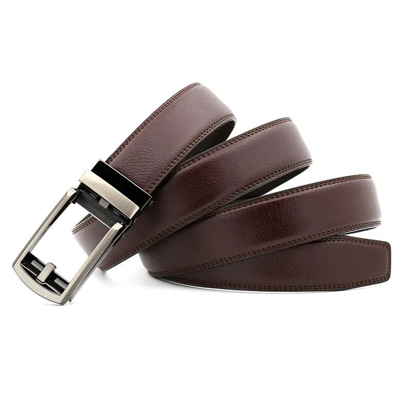 Men's cowhide belt with gun colour metal buckle on black ribbon body, laid flat against a neutral background