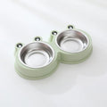 Blue stainless steel double pet bowl with frog design for cat and dog food and water.