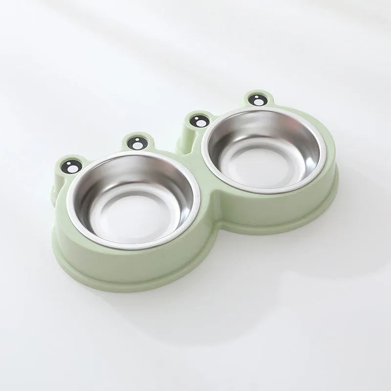 Blue stainless steel double pet bowl with frog design for cat and dog food and water.