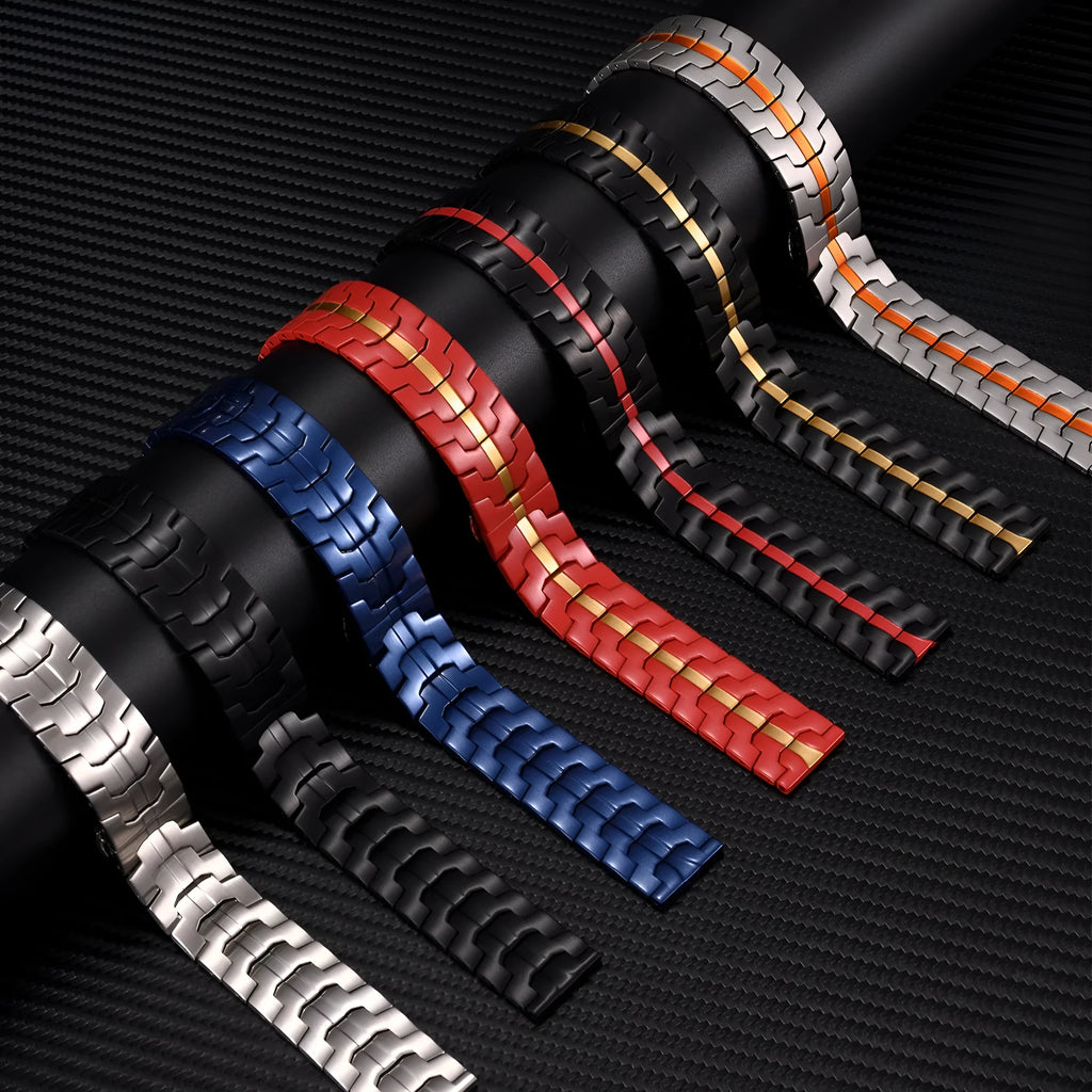 Stainless steel watch band showing silver and black colour options with universal 20mm 22mm sizing