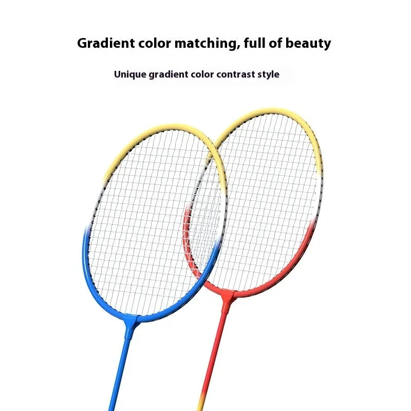 A pair of blue and red alloy ultra-light split badminton rackets laid flat.
