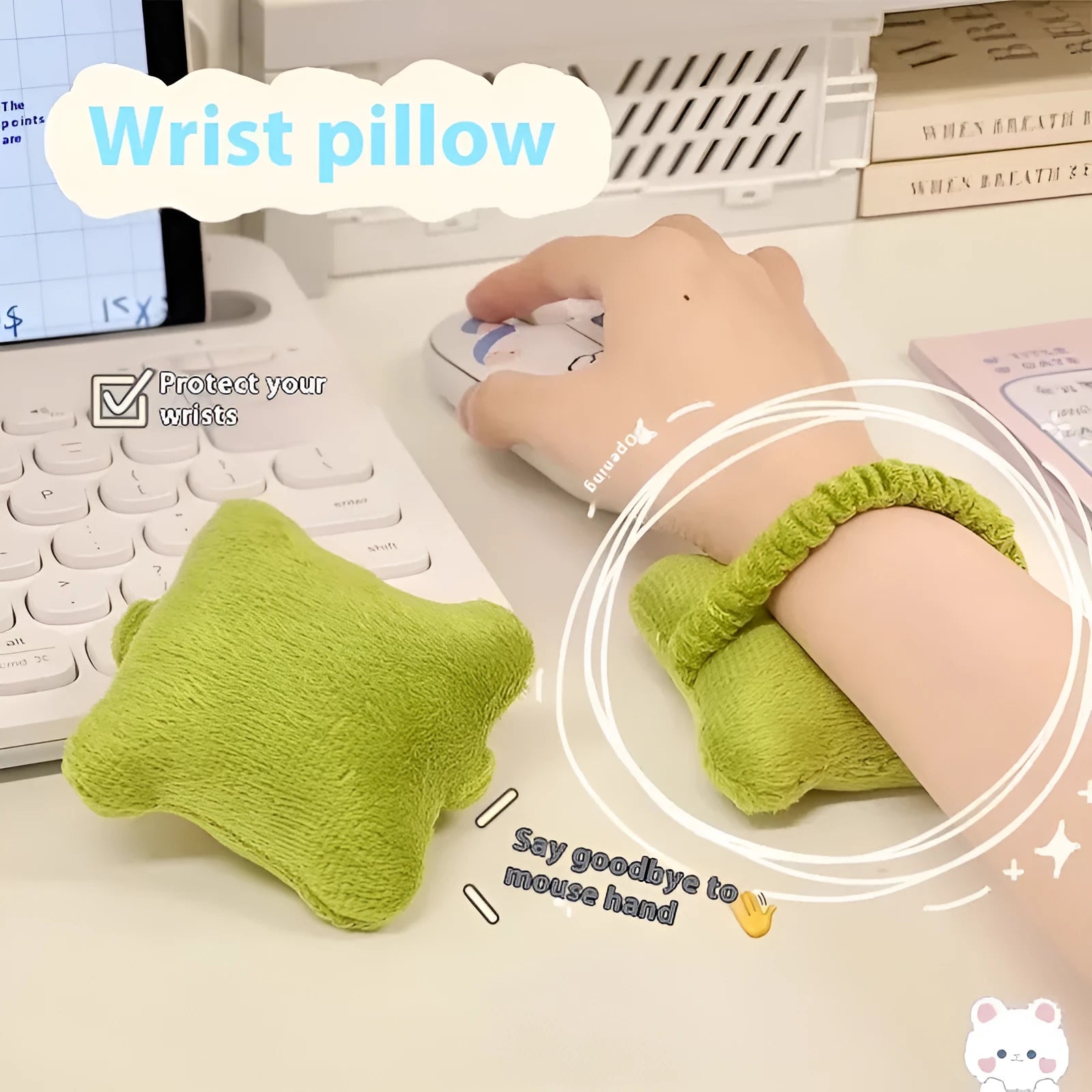 Plush wrist protector mouse pad in blue, green, and pink colours on a desk.