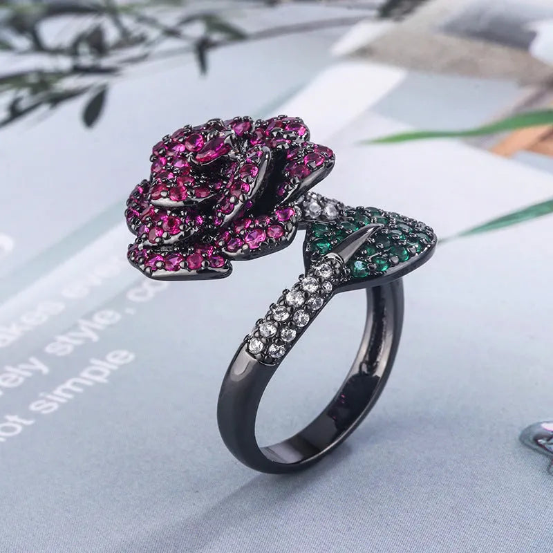 Geometric black gold ring with red corundum stone for women, gold-plated copper construction