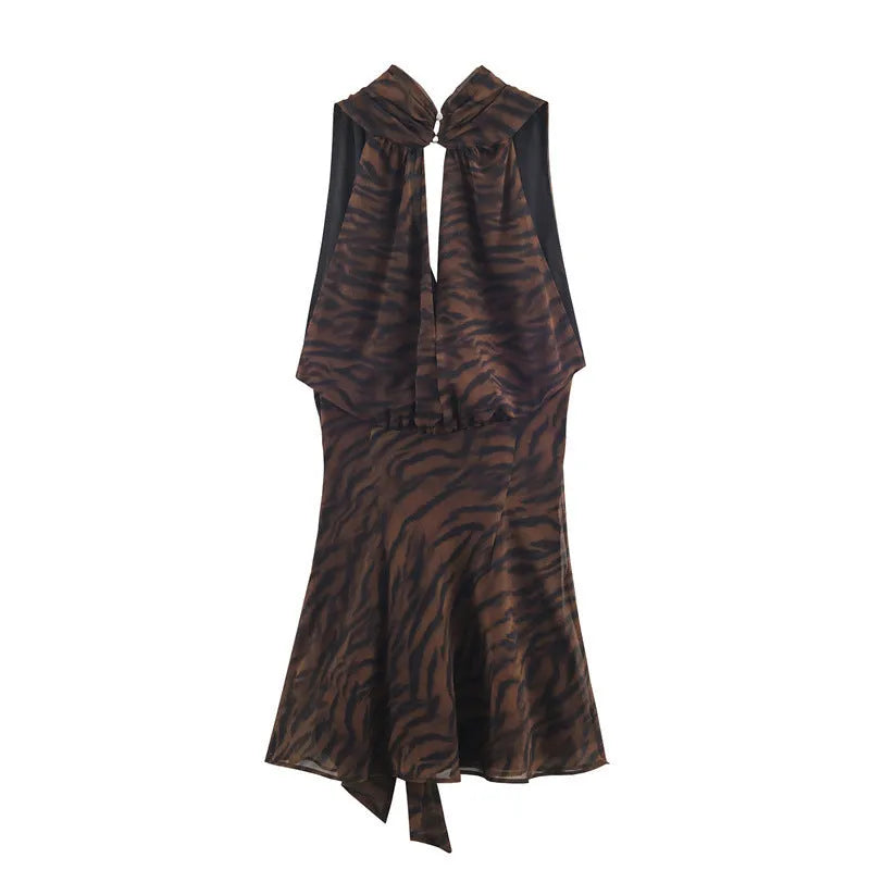 Animal print double breasted mini dress with pleated asymmetric skirt and long sleeves in mercerised cotton
