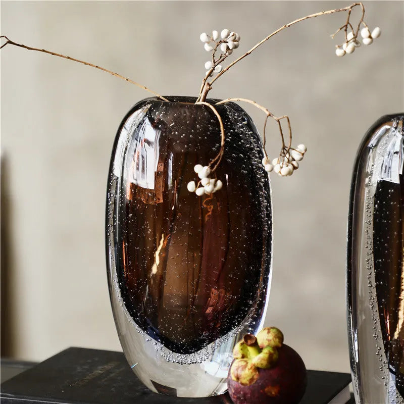 Tea brown glass vase with bubble thick bottom and flat mouth for modern home decor