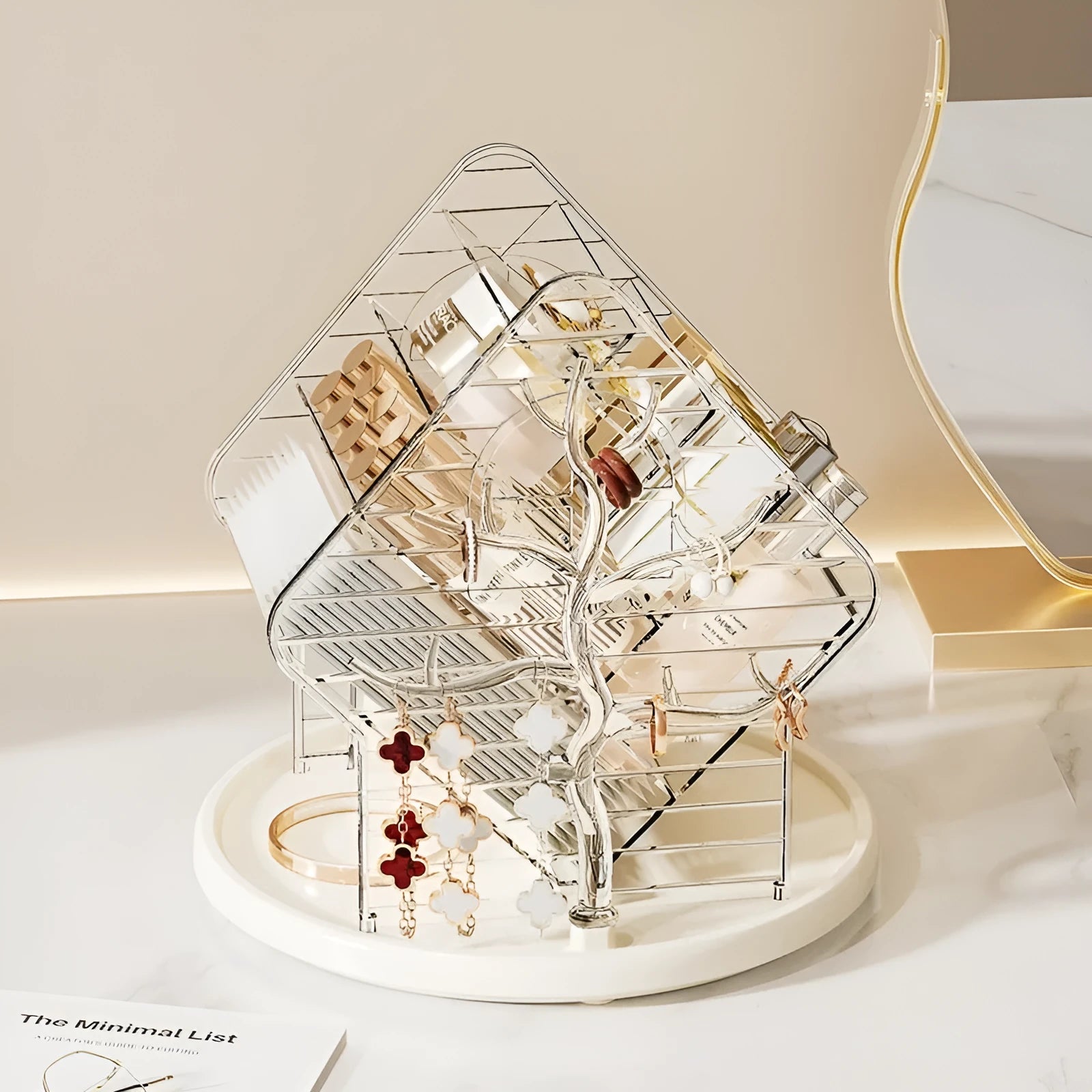 360 degree rotating cosmetics storage box in clear or amber gold plastic