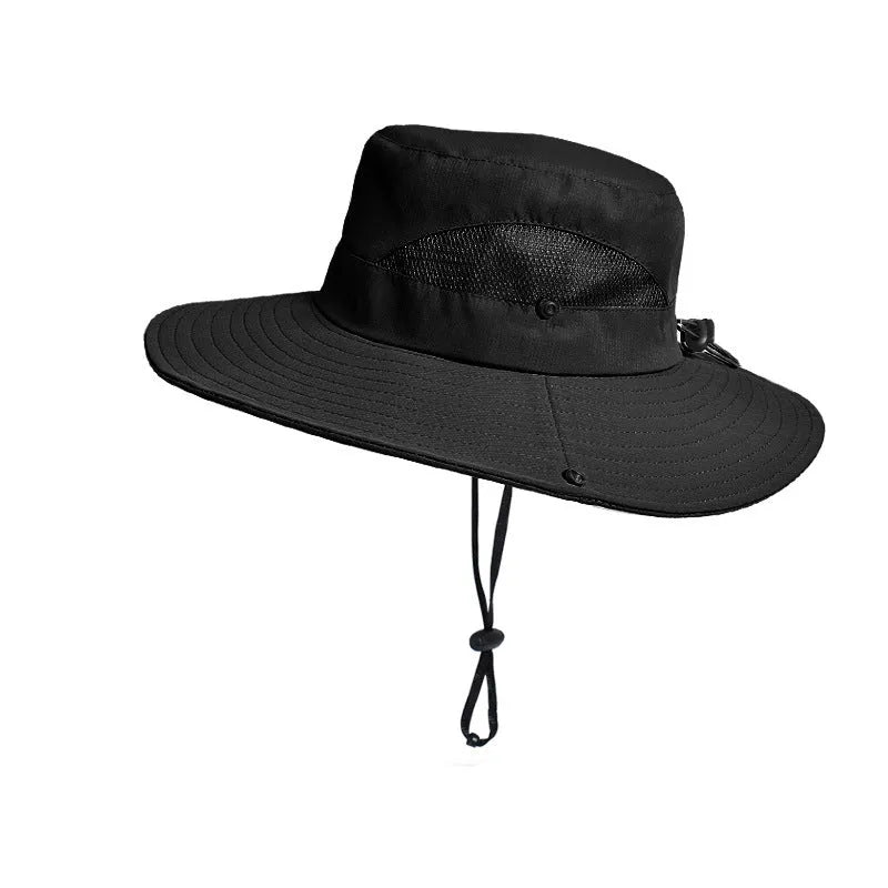 Men's polyester mesh sun protection bucket hat with flat top crown in army green, black, and navy blue