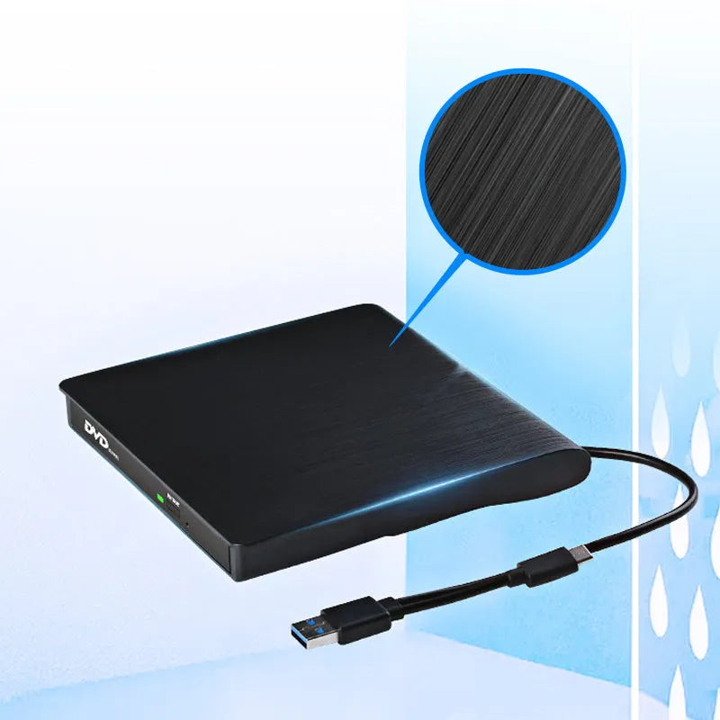 External USB Type-C CD DVD burner drive in black, compact size for laptop use