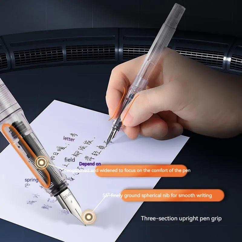 Student automatic suction pen set with plastic shell, choice of 0.38mm or 0.5mm tips, and complete packaging including handbag