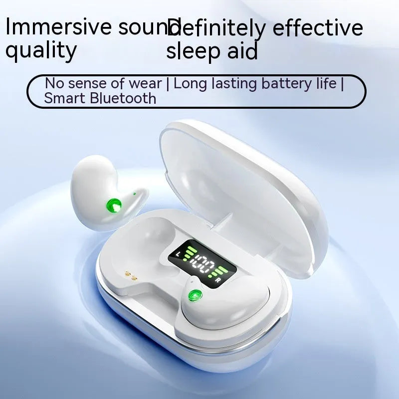 Wireless Bluetooth sleep headset earplugs in black or white with charging bin and digital display