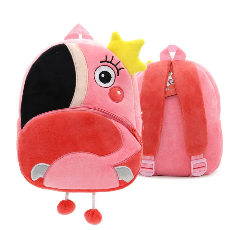 Children's plush animal backpack with elephant design showing dimensions and zipper opening