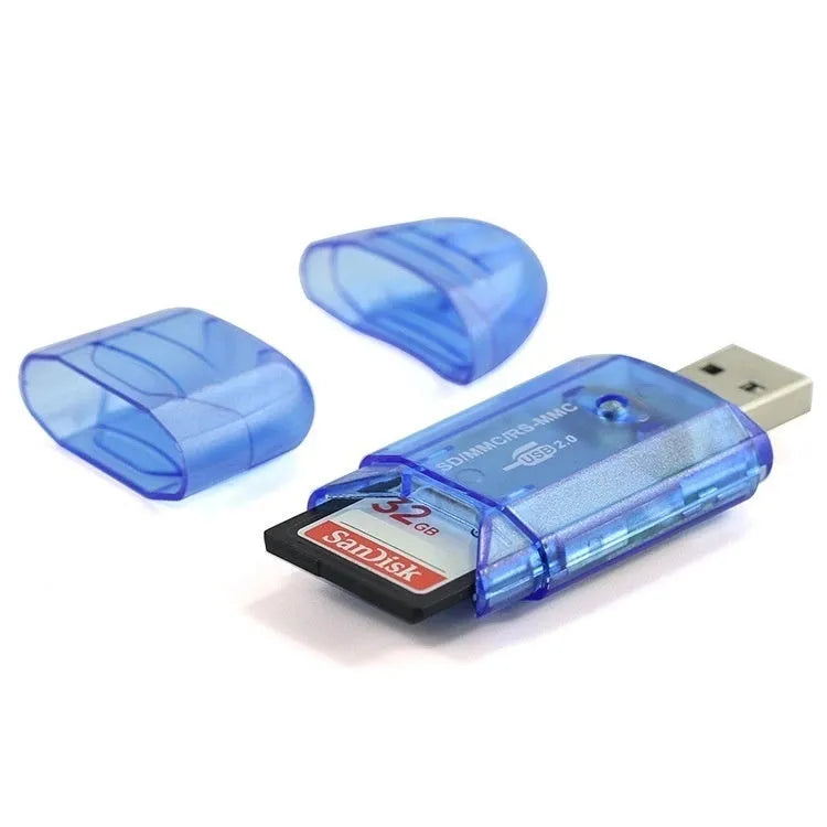 Transparent plastic USB card reader with LED light and memory card inserted, next to its card holder.