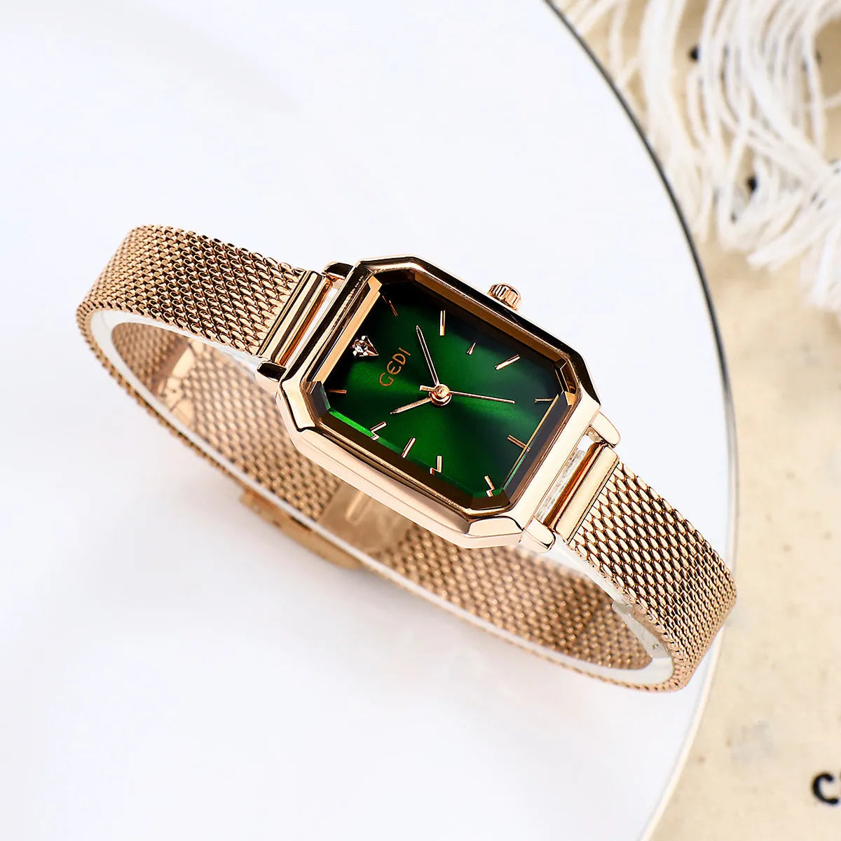 Square retro casual watch for women with rose shell case and multiple colour options