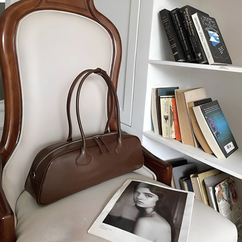 Women's genuine cowhide leather single-shoulder bag oval shape 41x9x14cm brown brownie brown colour open pocket retro style