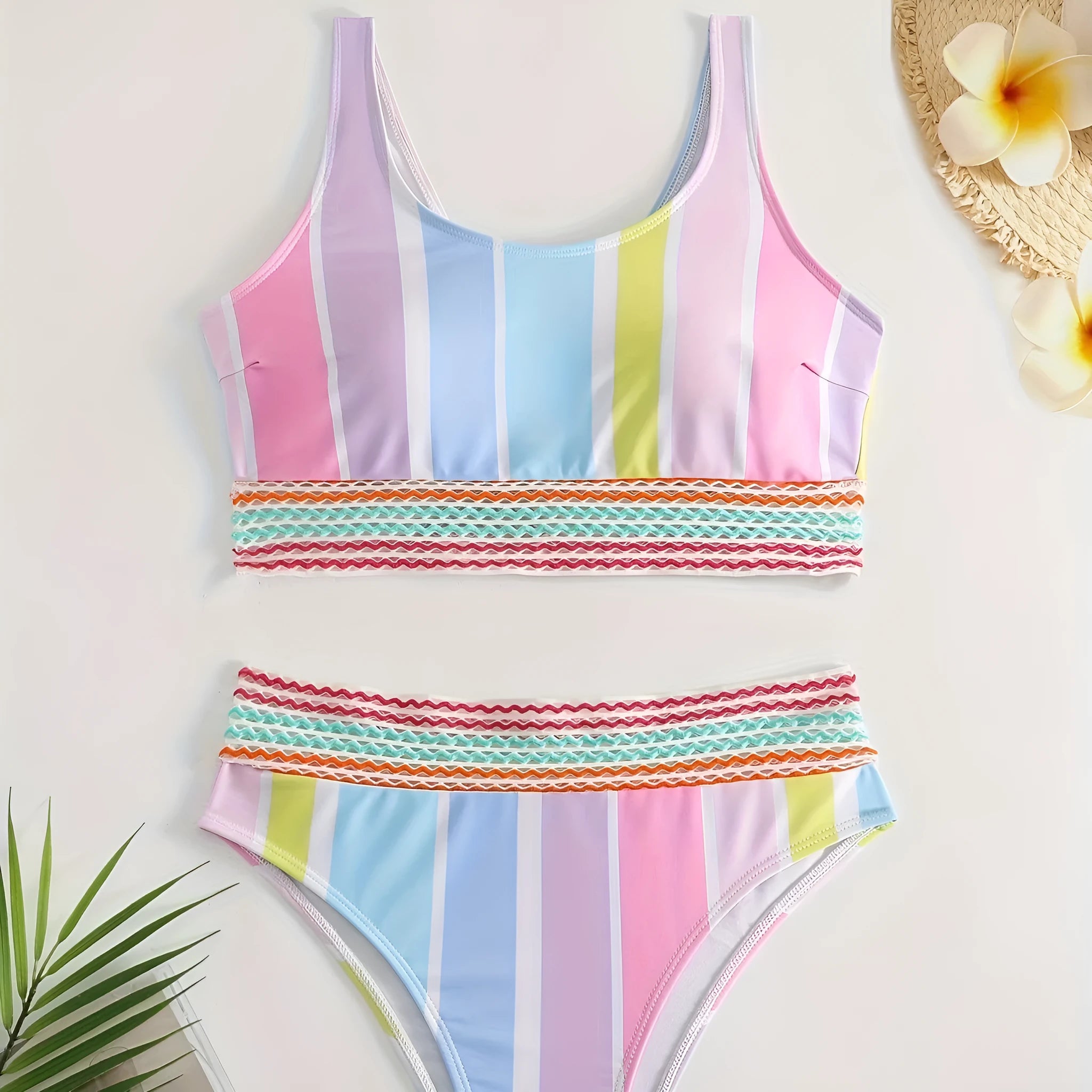 Women's striped two-piece bikini set for sports swimming, shown in picture colour.