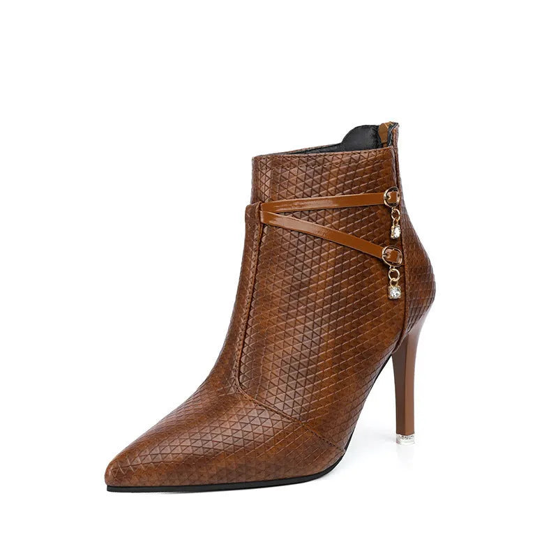 Women's stiletto ankle boots in black or brown artificial PU with pointed toe, above 8cm heel and cotton lining