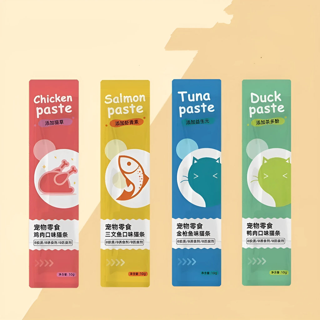 Pack of cat strip snacks for childhood stage cats showing four flavour variety options