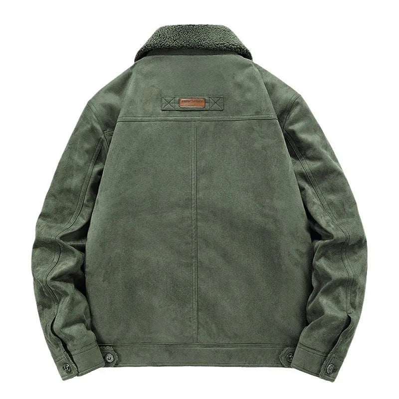 Men's deerskin jacket in khaki, front view, standard length 50cm, polyester fibre business formal coat