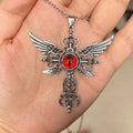 Geometric alloy pendant necklace with cross and devil wings design in blue, green, purple, red, yellow colours.