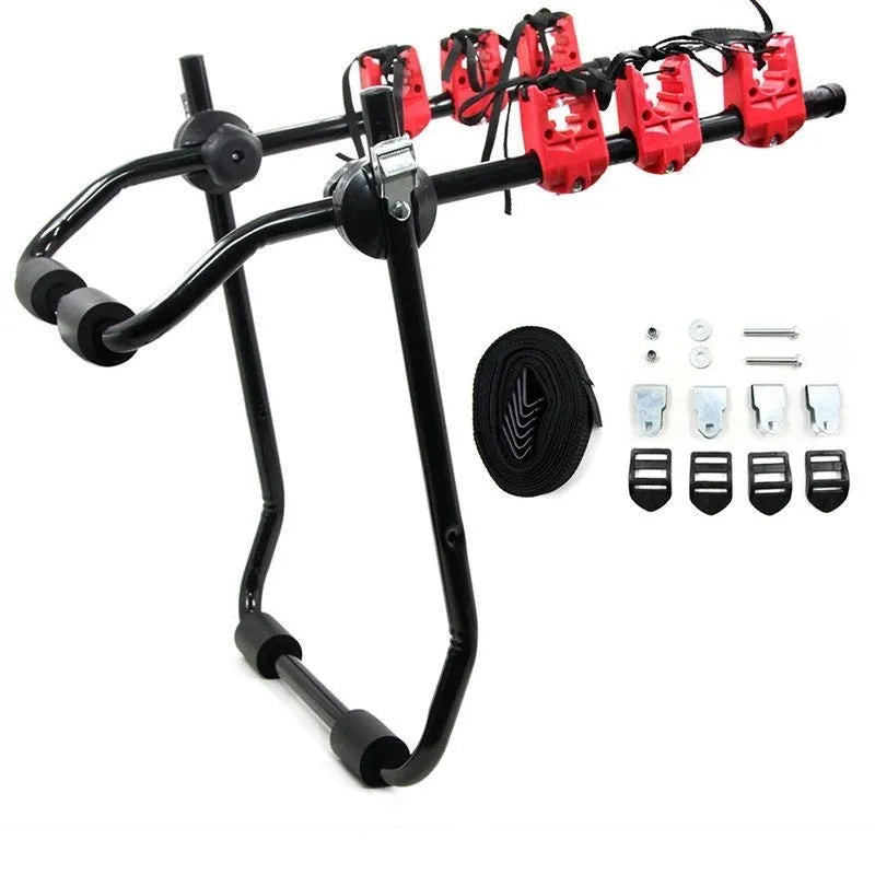 Black and red car trunk-mounted bicycle holder rack with iron construction measuring 73cm by 50cm