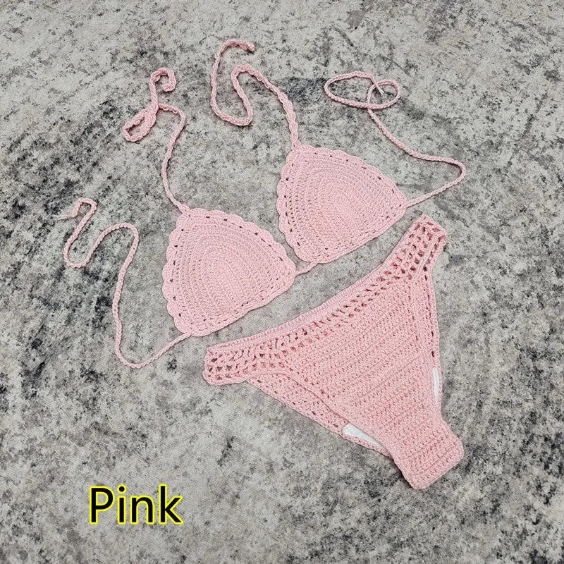 Women's handmade crochet three-piece bikini and beach skirt swimsuit set