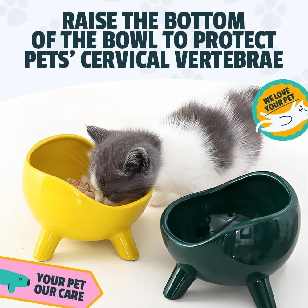 Green ceramic pet food bowl with four legs and wide mouth opening for cats and small dogs