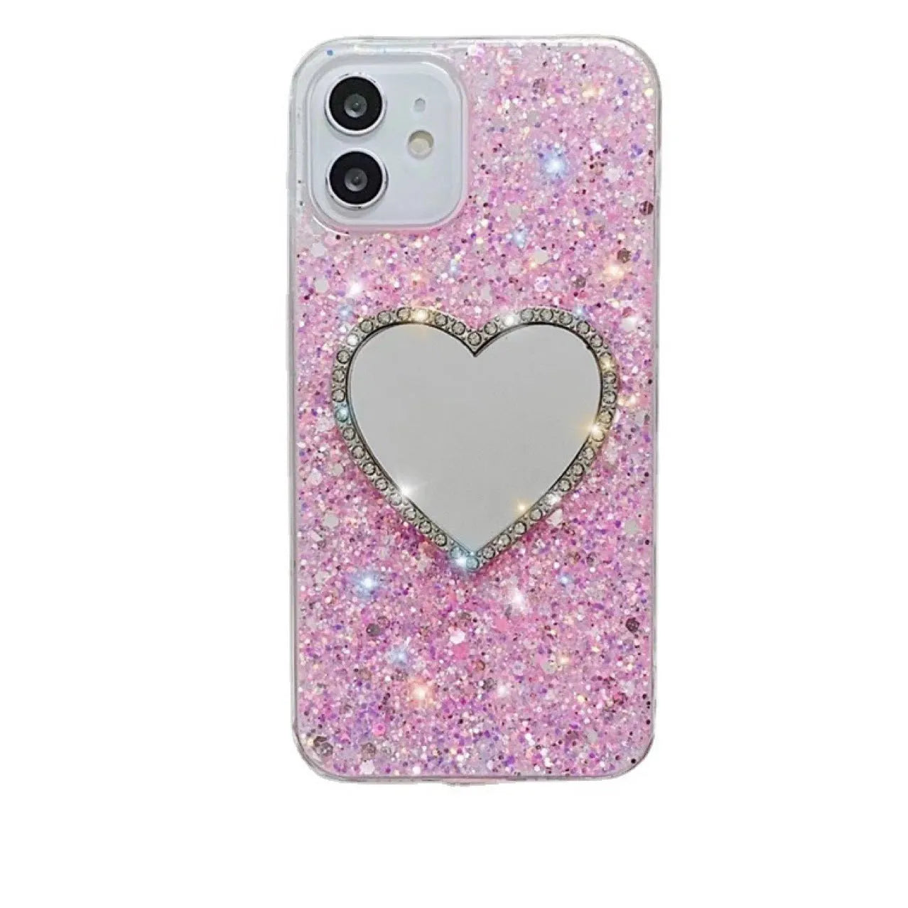 Epoxy mirror heart shape rhinestone phone case in glitter gold for Apple iPhone showing full coverage design