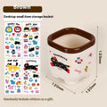 Cartoon-style plastic desktop organiser with various red and brown storage boxes and a pen holder.