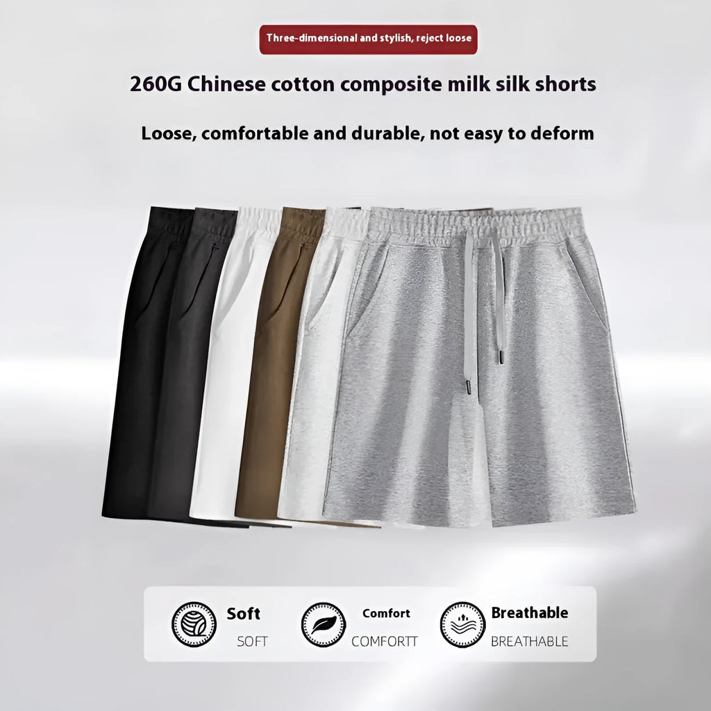 Men's straight-cut cotton summer shorts in light grey, showing fifth-pant length and casual style.