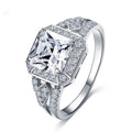 Women's geometric zircon ring with hollow design and quadrilateral centrepiece in platinum colour