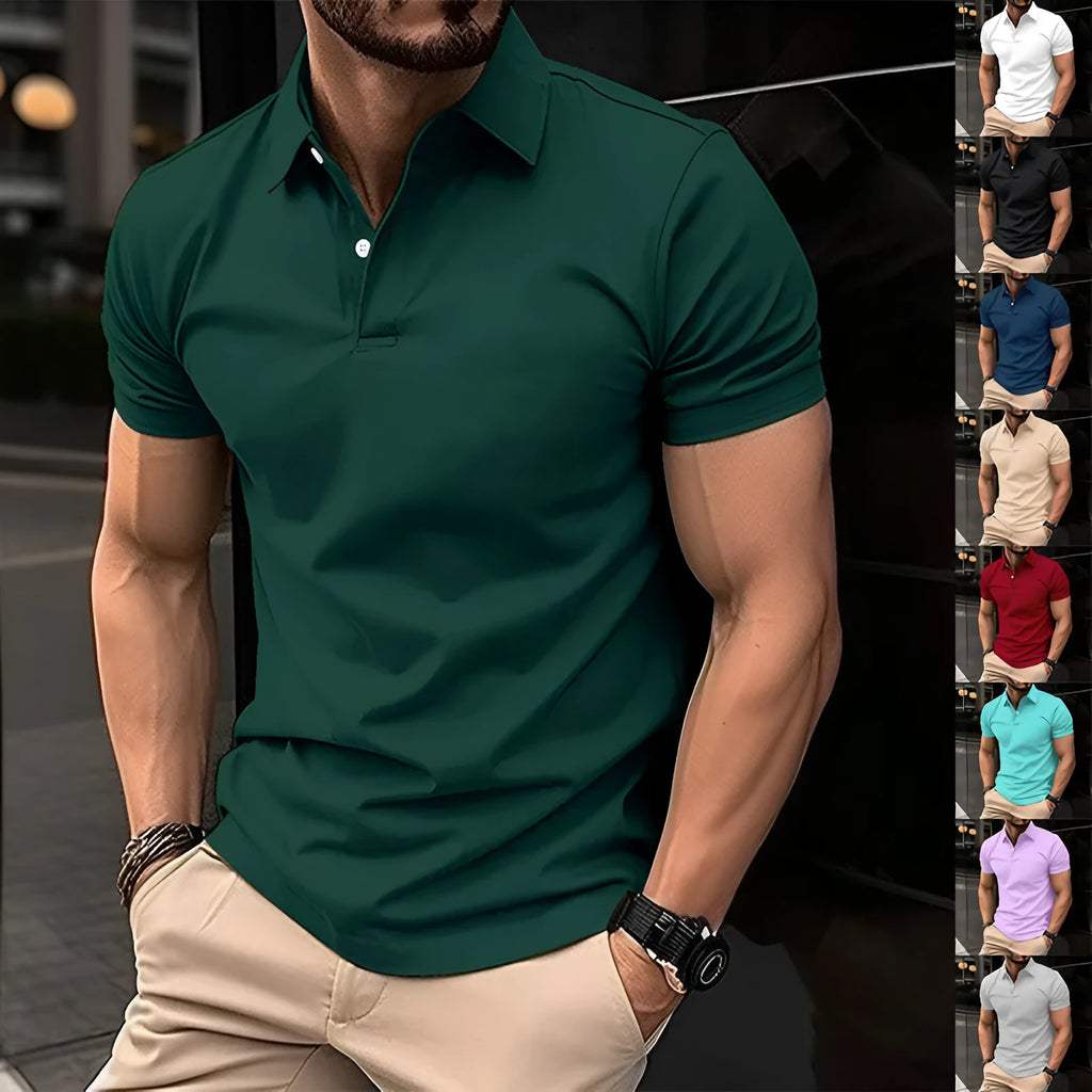 Men's solid colour short sleeve polo shirt with button lapel detail in cotton mix fabric