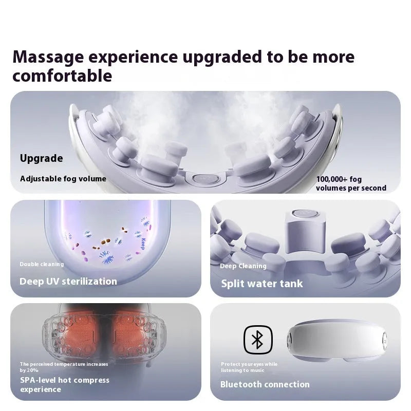 Steam Smart Bluetooth rechargeable eye hot compress massager in purplish grey colour on a table.