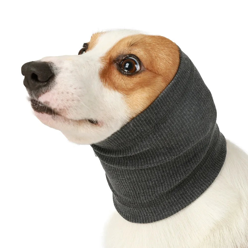 Blue adjustable dog comforter headband scarf for pet anxiety on a grey background.