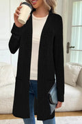 Long sleeve loose fit knitted cardigan jacket with pockets shown in black, grey, or wine red.