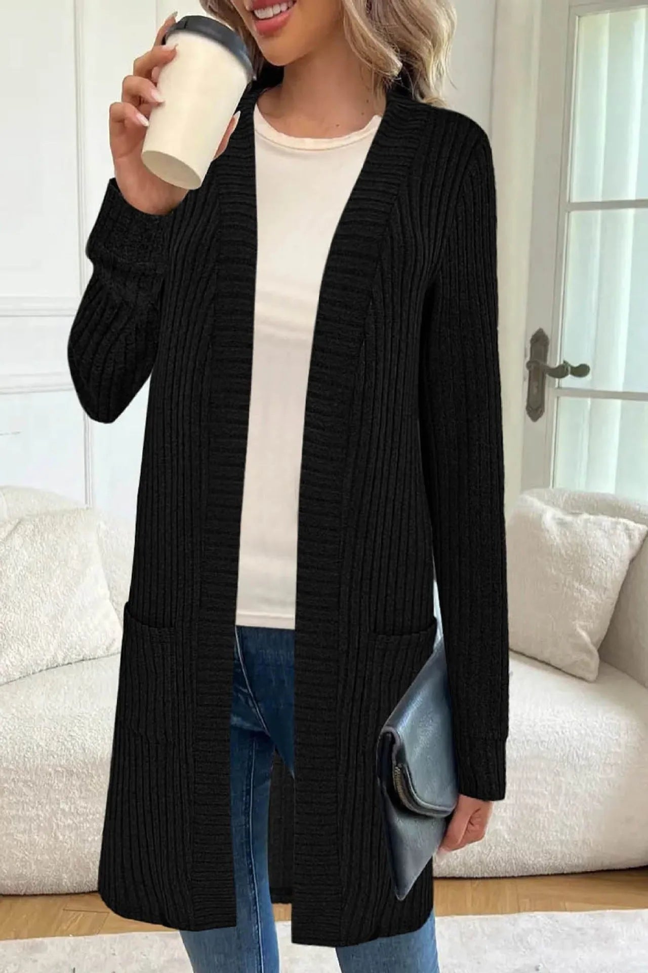 Long sleeve loose fit knitted cardigan jacket with pockets shown in black, grey, or wine red.