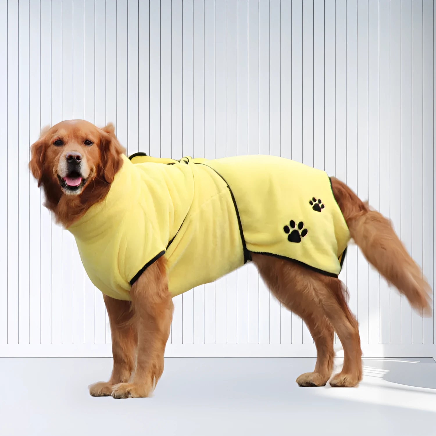 Yellow coral fleece embroidered pet pajamas worn by a small dog, soft absorbent fabric bathrobe style