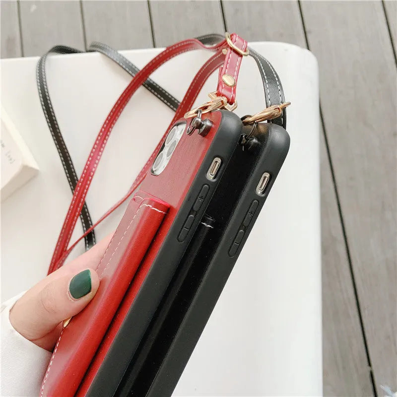 Imitation leather crossbody phone case with card holder and lanyard, embossed 3D design, in khaki, blue, red, or black.