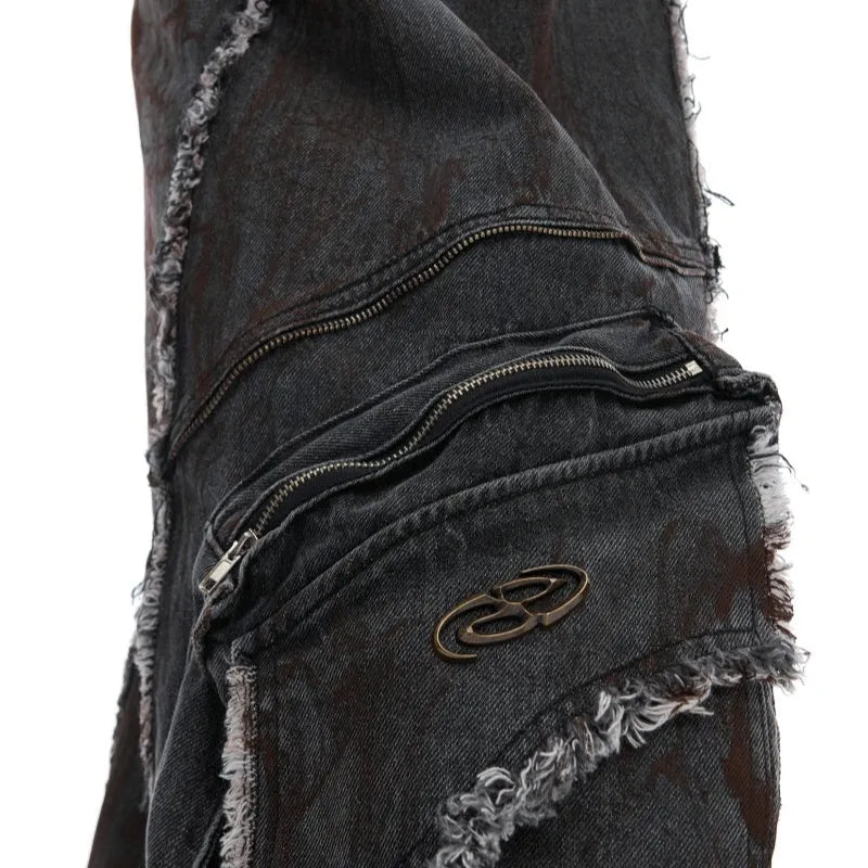 Distressed denim coat and matching black trousers set with gradient pattern and padded shoulders